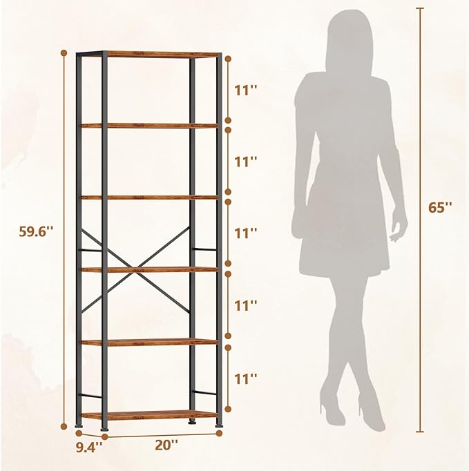 Furologee 6 Tier Book Shelf, Tall Wide Bookshelf, Industrial Open Bookcase - Image 3