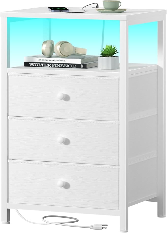 BOLUO White Night Stand with 3 Fabric Drawers, Nightstand with Charging Station by BOLUO