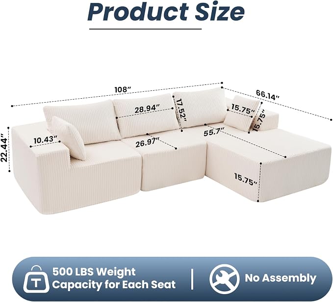 DUMOS 108" Boneless Couch, Cloud Sectional Couch - Image 3