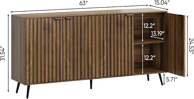 Smuxee 63" Fluted Sideboard Cabinet, Freestanding Walnut Buffet Cabinet - Image 2