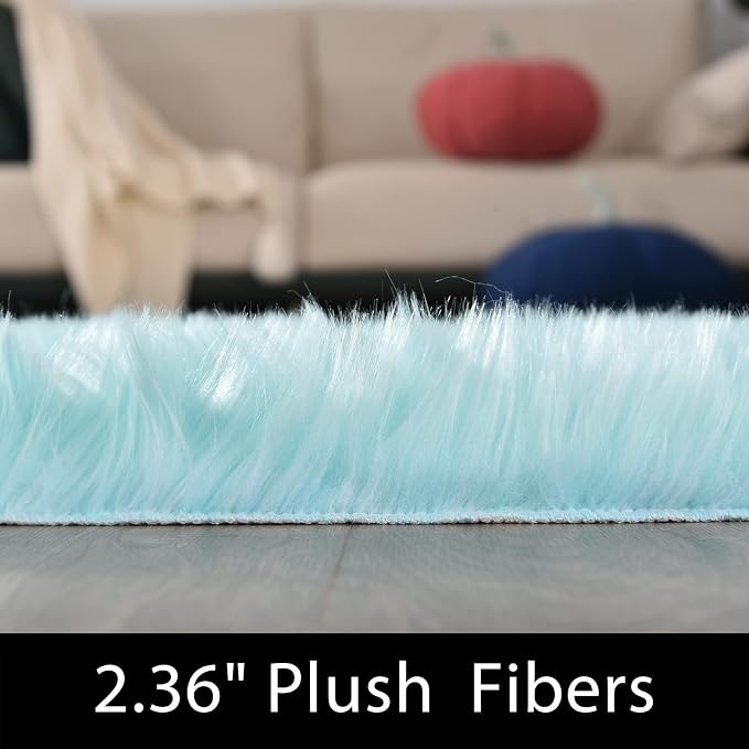 Latepis Light Blue Fluffy 2x6 Rug Runner Teal Shag Washable Area Rugs Faux Fur - Image 2