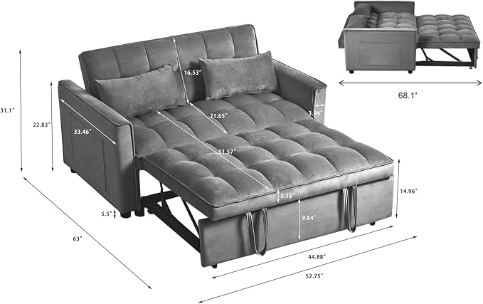 Ball & Cast 53" Sleeper Sofa, 3-in-1 Convertible Pull Out Couch, Velvet Loveseat - Image 2