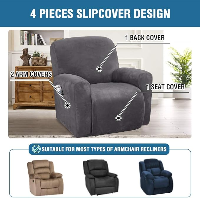 H.VERSAILTEX Velvet Stretch Recliner Couch Covers 4-Pieces Style Recliner Chair - Image 2