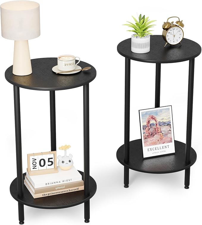 Round Side Table Set of 2, 2-Tier Modern Accent Table, Small Bedside Table by BITYODD-HOME