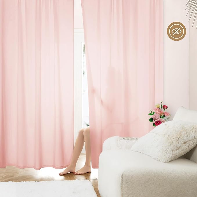 HOMEIDEAS Non-See-Through Blush Pink Privacy Sheer Curtains, 52 X 96 Inches - Image 2
