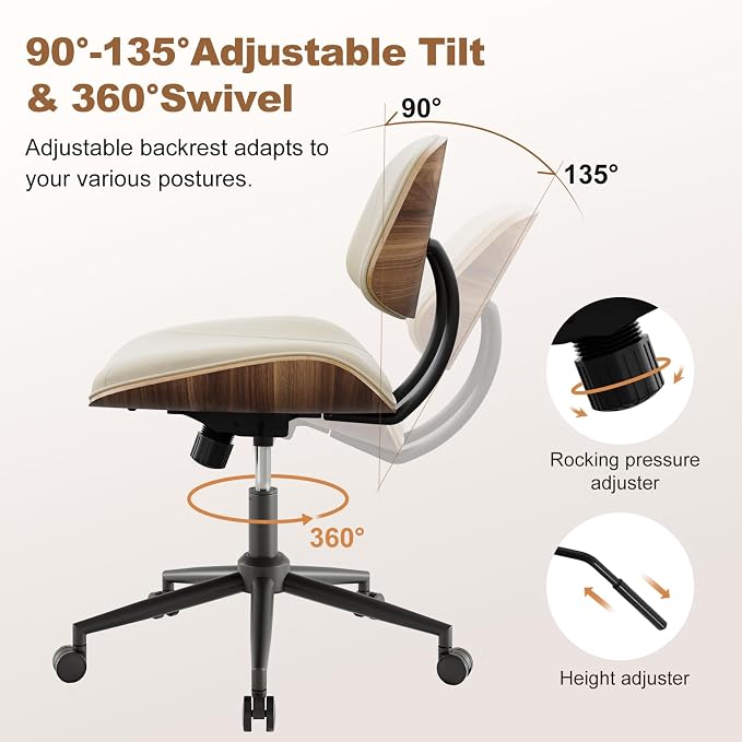 Armless Office Chair with Wheels, PU Leather Adjustable Height Desk Chair - Image 3