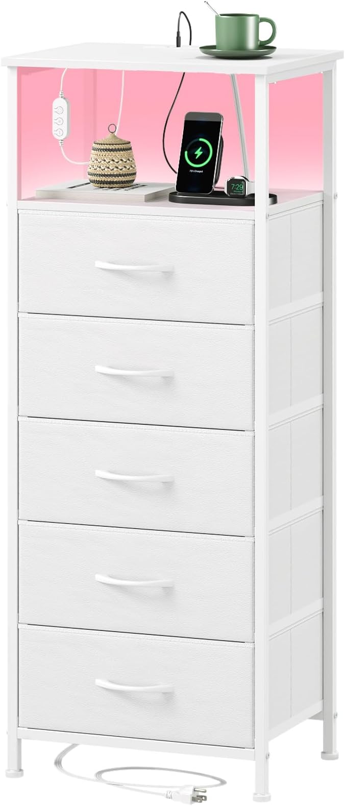 Somdot White Nightstand with Charging Station and LED Light by Somdot