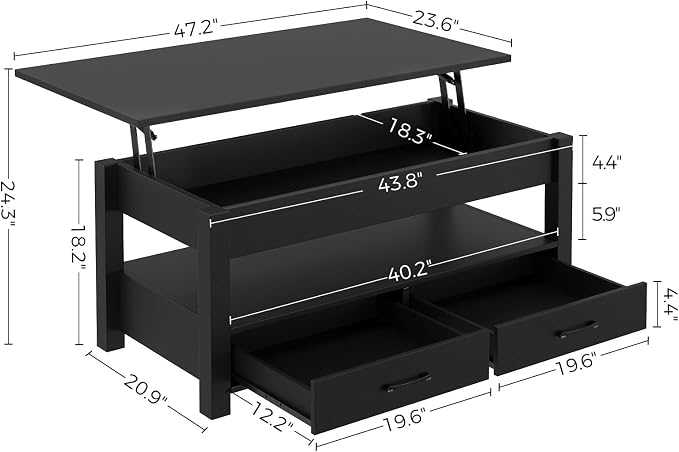 Rolanstar Coffee Table, 47.2" Lift Top Coffee Table - Image 3