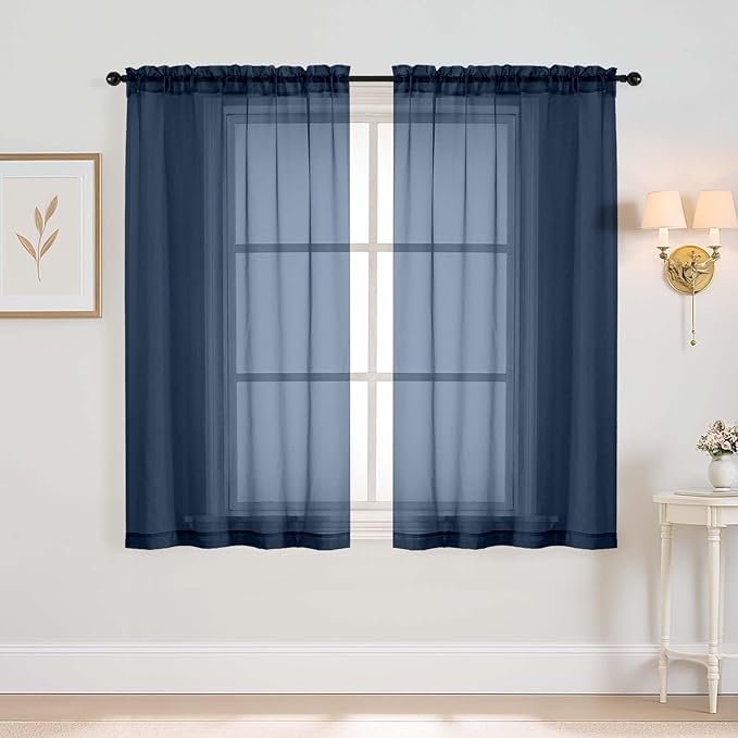 Navy Blue Window Sheer Curtains 45 Inches Length, Voile Short Curtains by Home