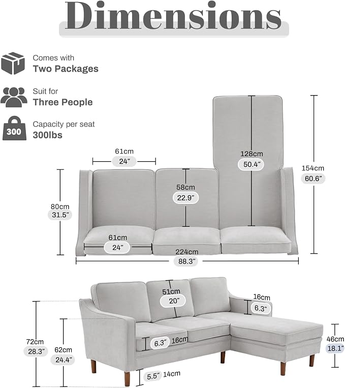 Kingfun 88" L-Shape Sofa, Chenille Sectional Couch, Mid Century Modern Couches - Image 2