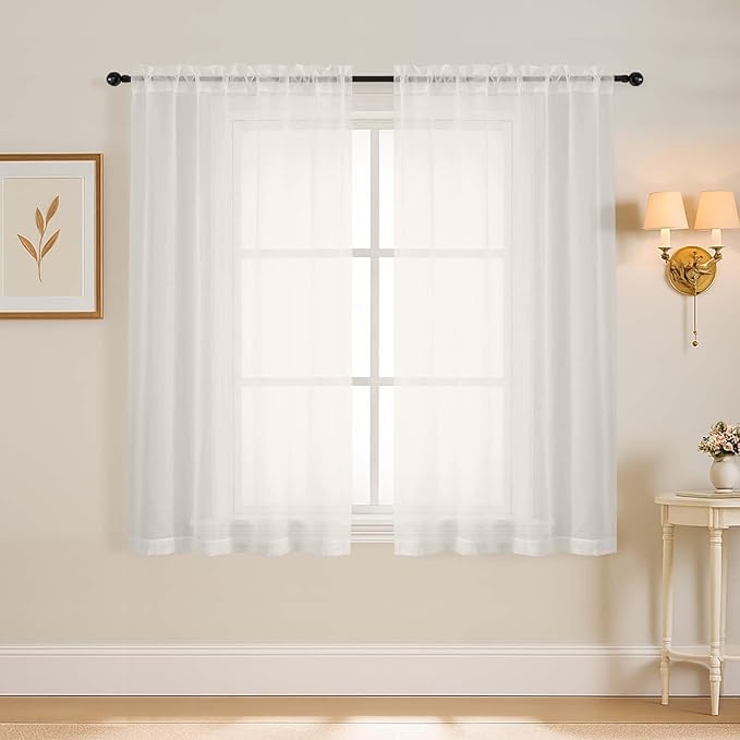 Ivory Window Sheer Curtains 45 Inches Length, Voile Short Curtains by Home