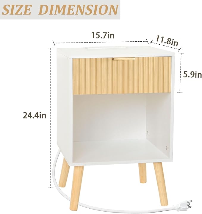 Fultyle Night Stand with Charger Station, Modern Wood Nightstand with Drawer - Image 3
