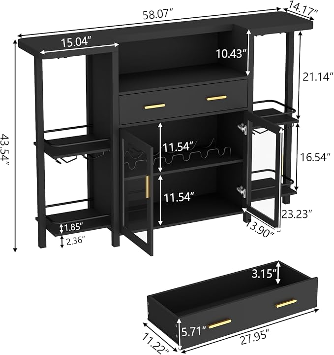 Loomie Bar Table Cabinet with LED Lights & Drawer, 8-Tier Wine Bar Cabinet with - Image 2