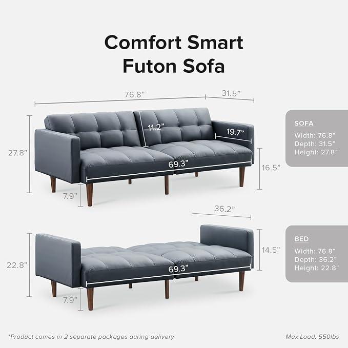 mopio Aaron 76.8" Couch, Small Futon Sofa Bed, Mid Century Modern Futon Couch - Image 2