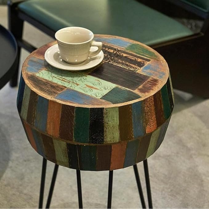 Hand-Carved Wood Side Table, Colorful Boho Accent Table - Image 5