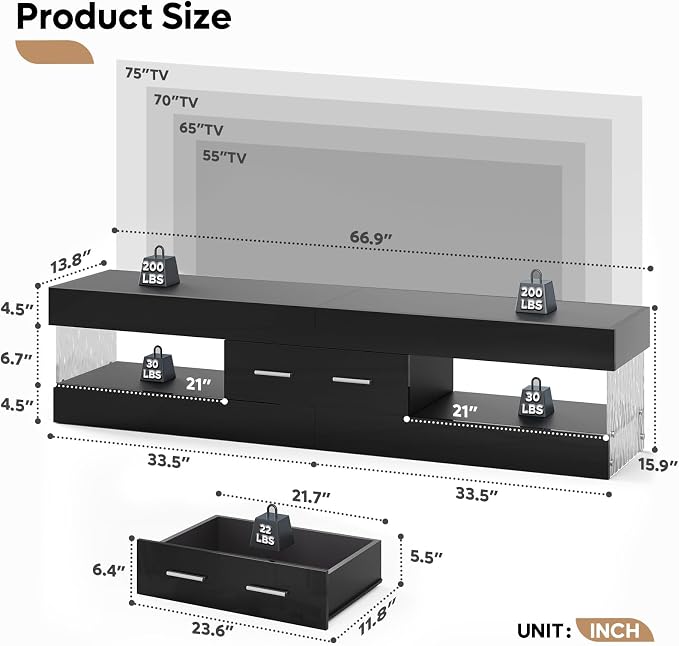 Bestier 67" Modern TV Stand for TVs 55 to 75 Inch, High Gloss LED Entertainment - Image 2