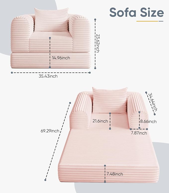 SYFERLORY Versatile 2 in1 Pink Armchair Accent Chair Couch Convertible Boneless - Image 2