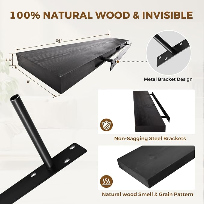 36x8x1.6 inch Floating Shelves Set of 2 – Solid Wood Rustic Black Wall Mounted - Image 4
