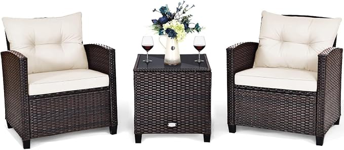 HAPPYGRILL 3 Pieces Patio Conversation Set, Outdoor Furniture Set PE Rattan by HAPPYGRILL