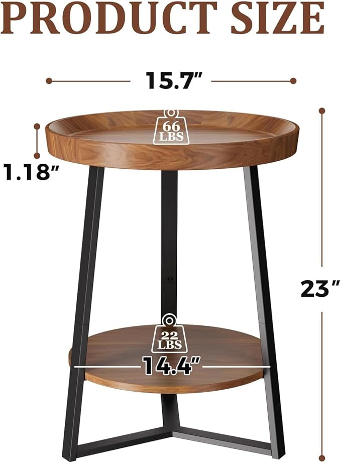 Gadroad Round End Table with Storage Shelf, 2 Tier Farmhouse Side Table - Image 3