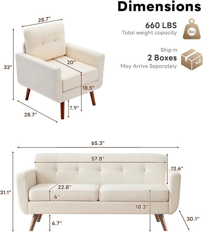 Tbfit Mid Century Modern Sofa Couch, Loveseat & Accent Chair | linen fabric - Image 2