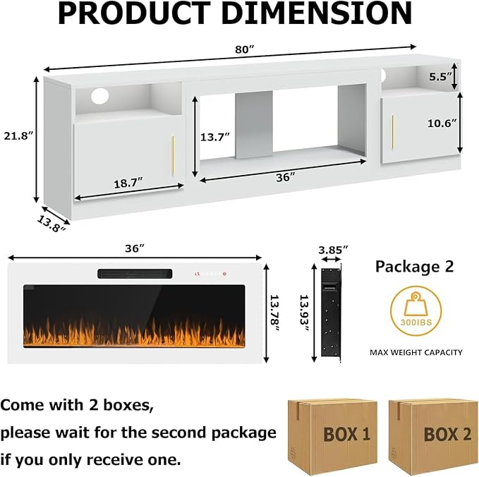 PRETZI Fireplace TV Stand with 36" Fireplace Up to 90" TVs, Remote Control - Image 2