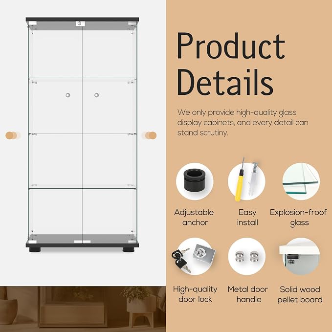 Display Cabinet with Glass Door and Lock, 4-Shelf Fast Installation in 30 Mins - Image 4