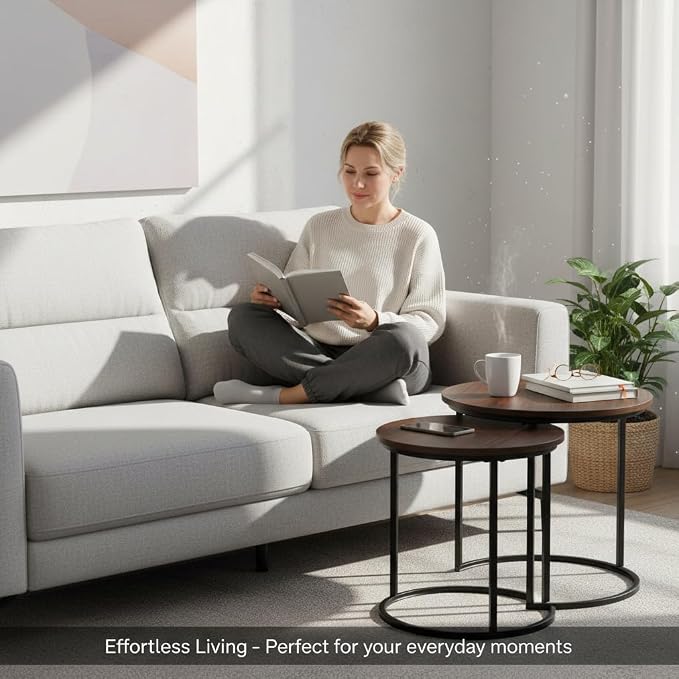 Round Nesting Coffee Table Set of 2, Modern Marble Pattern Wooden Nesting Tables - Image 3