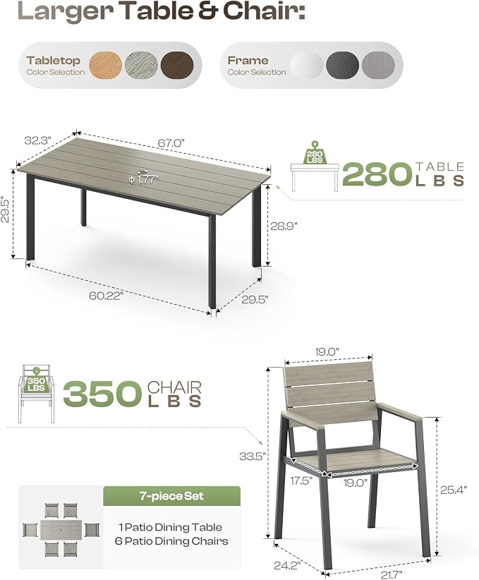 Outdoor Dining Set for 6, Aluminum Patio Table and Chairs Set - Image 6