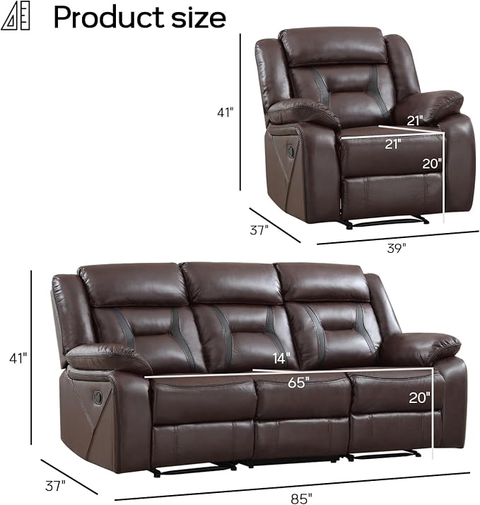 EBELLO Manual Recliner Sofa Set, Faux Leather Reclining Living Room Furniture - Image 2