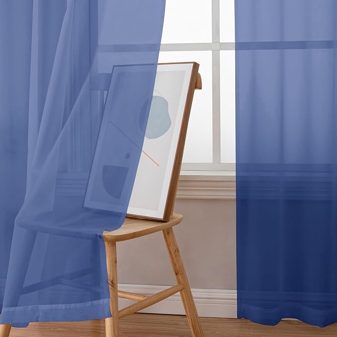 Aiyufeng Royal Blue Sheer Curtains 90 Inches Long 2 Panels Set, Semi - Image 6