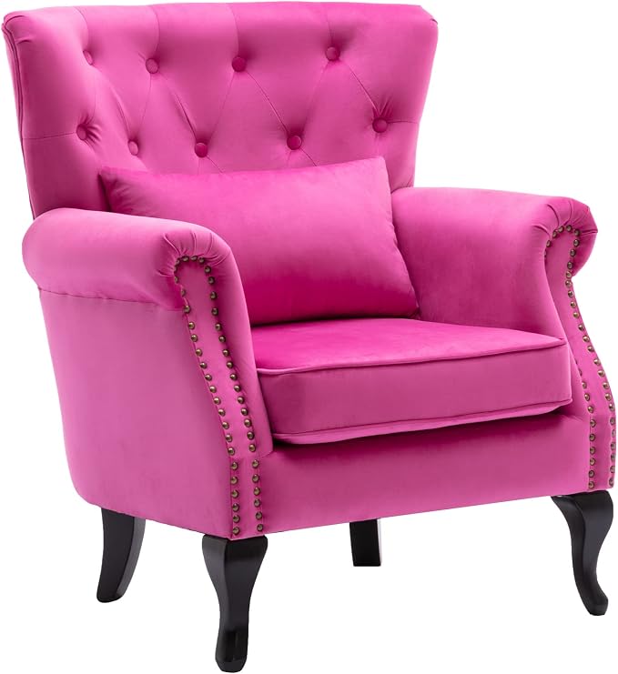 Set of 2 Mid-Century Modern Accent Chair, Velvet Armchair w/Tufted Back/Wood - Image 4