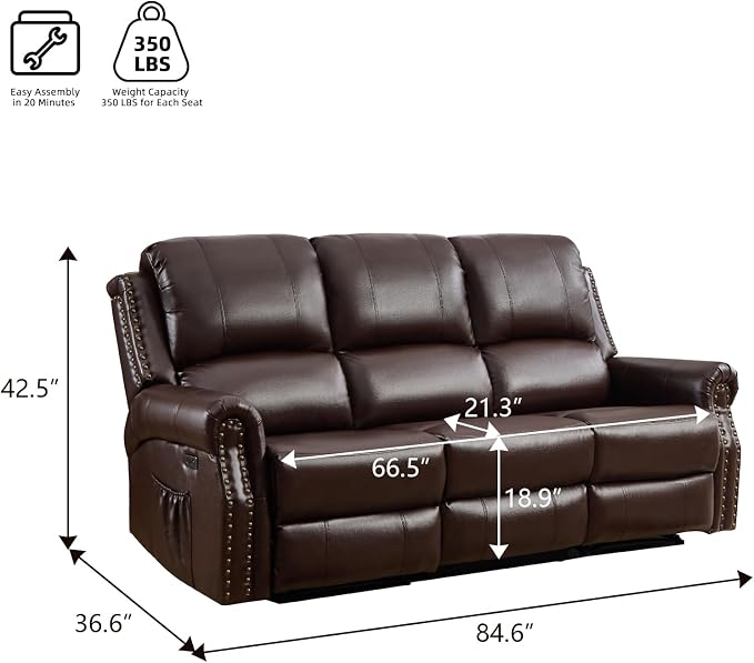 EBELLO Power Reclining Sofa for Living Room, Faux Leather 3 Seater Reclining - Image 2