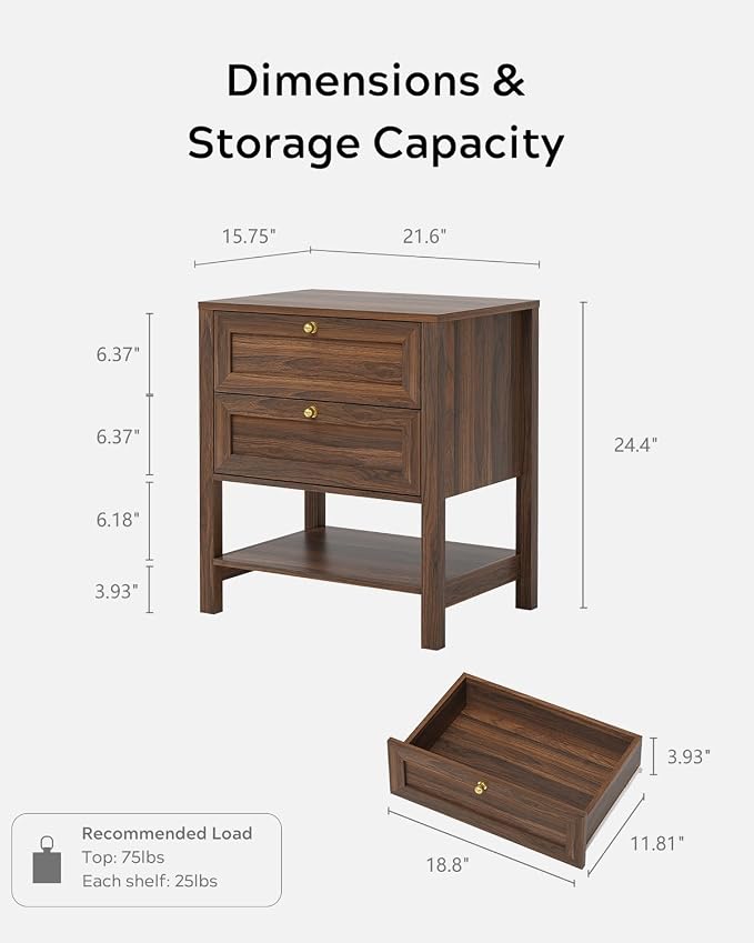 EYYTHUNG Brown Nightstand with 2 Drawers, Farmhouse Floor Night Stand with Open - Image 2