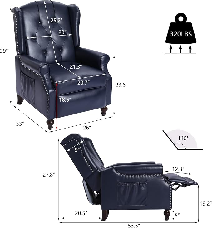 Wingback Recliner Chair with Massage and Heat, Tufted PU Leather Push Back - Image 2