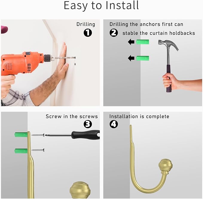 Hion Curtain Holdbacks Gold 6pcs, Curtain Tiebacks Wall Mounted Curtain Hooks - Image 7