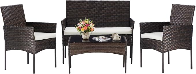 DUMOS 4 Piece Patio Furniture Set, All-Weather Outdoor Wicker Conversation Set by DumosLifestyle