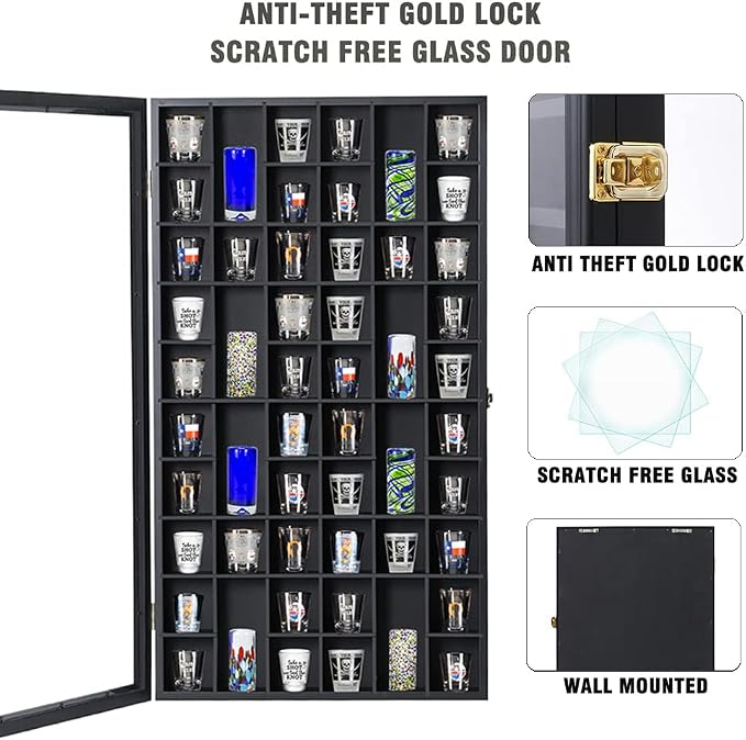 Shot Glass Display Case Large Wooden Cabinet Rack Holder Wall Mounted Black - Image 3