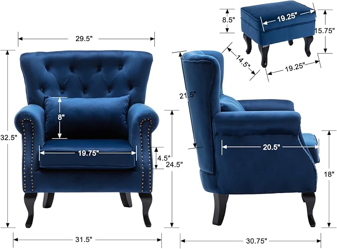 Mid-Century Accent Chair with Ottoman Modern Button Tufted Armchair Wingback - Image 3