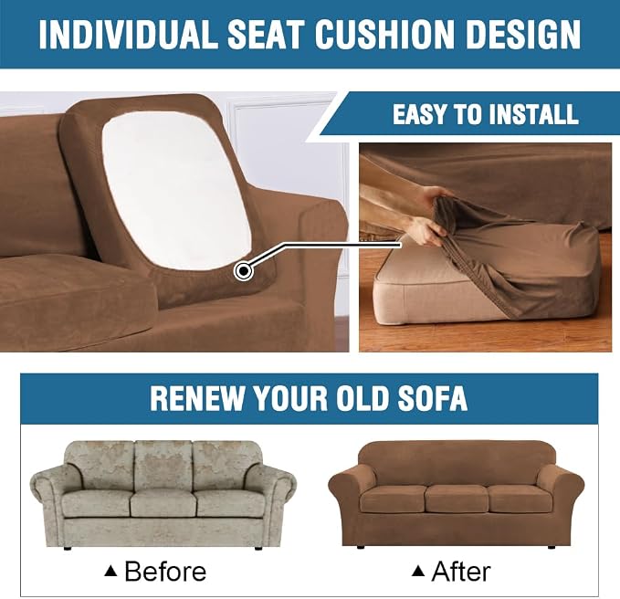 H.VERSAILTEX High Stretch Sofa Slipcover 4 Piece Cover Velvet Furniture - Image 8