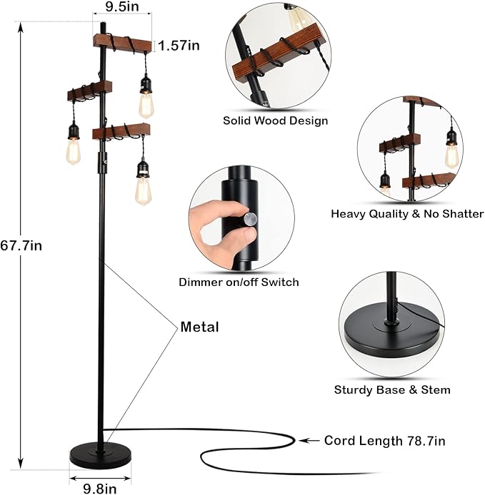 Dimmable Industrial Floor Lamp, Farmhouse Tree Floor Lamp, 68 Inch 3 Lights - Image 3
