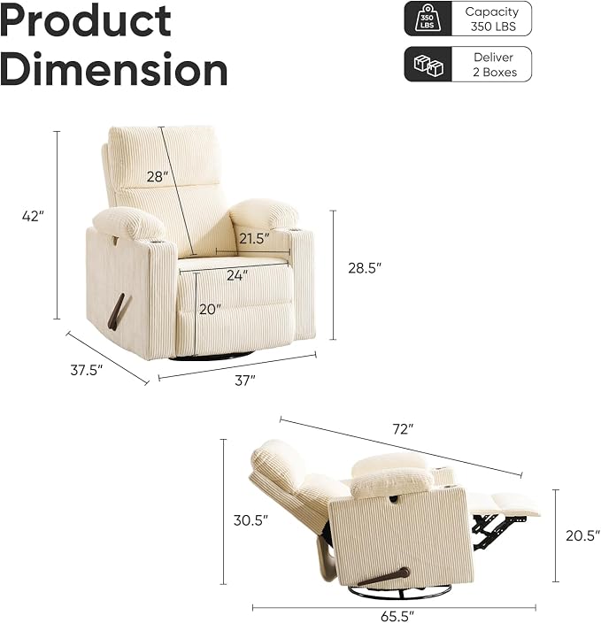 Swivel Rocker Recliner with Adjustable Armrests, Rocking Nursery Chair with - Image 2