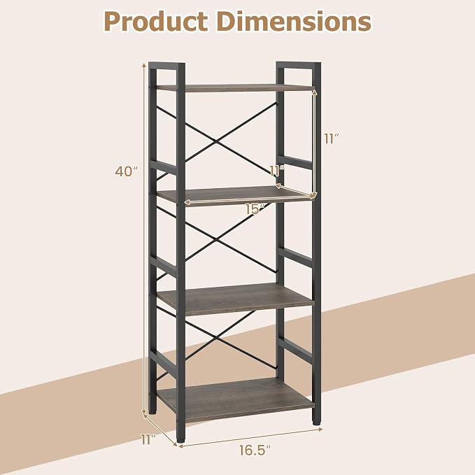 Tangkula 3-Tier Industrial Bookshelf, 16.5" Width Wooden Open Bookcase - Image 3