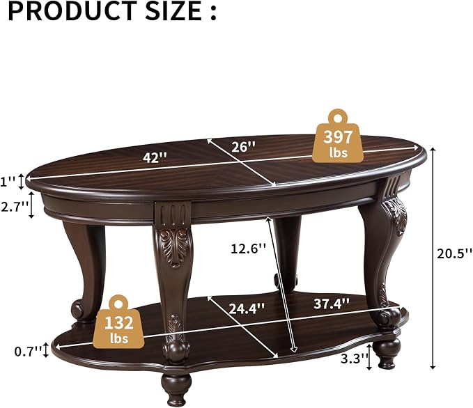 LKTART 42" Vintage Oval Coffee Table - Image 3