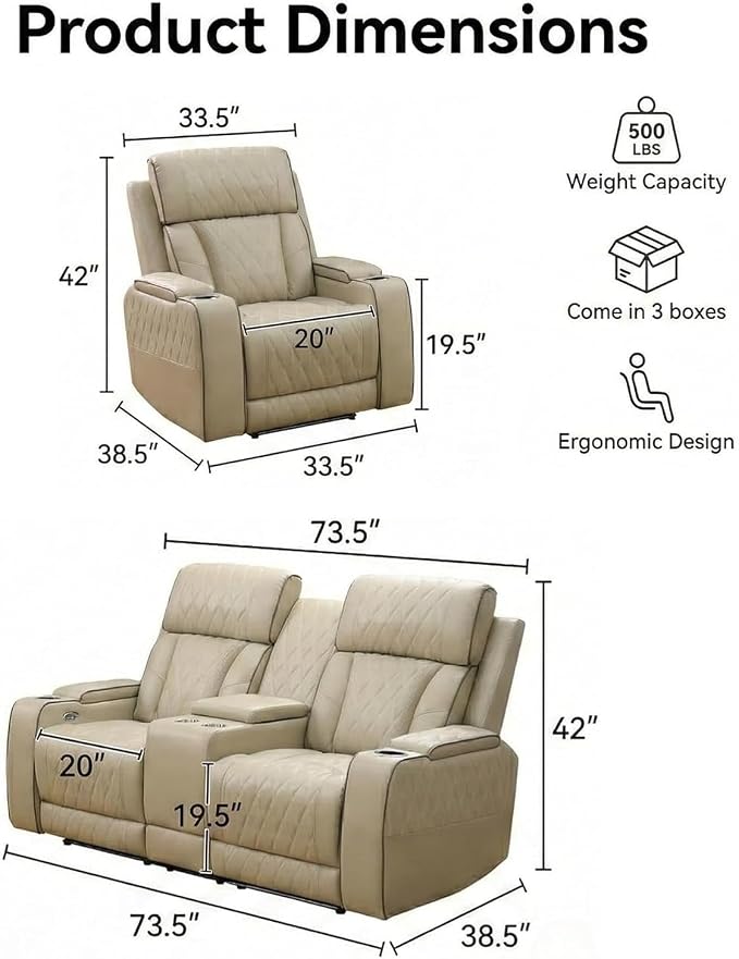 Power Recliner Sofa Set with LED Lights, Includes a Manual Recliner 1 Seat and - Image 7
