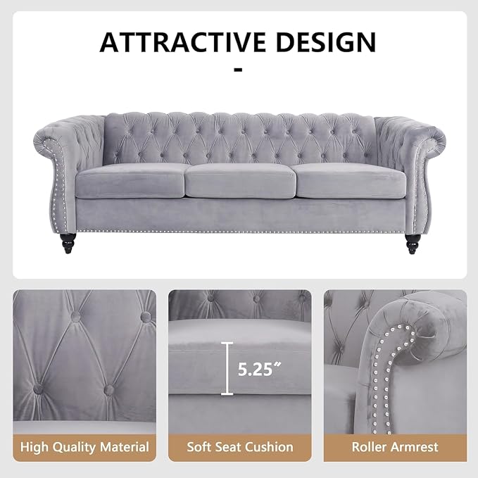 Mid-Century 3 Seater Sofa, Velvet Couch - Image 5