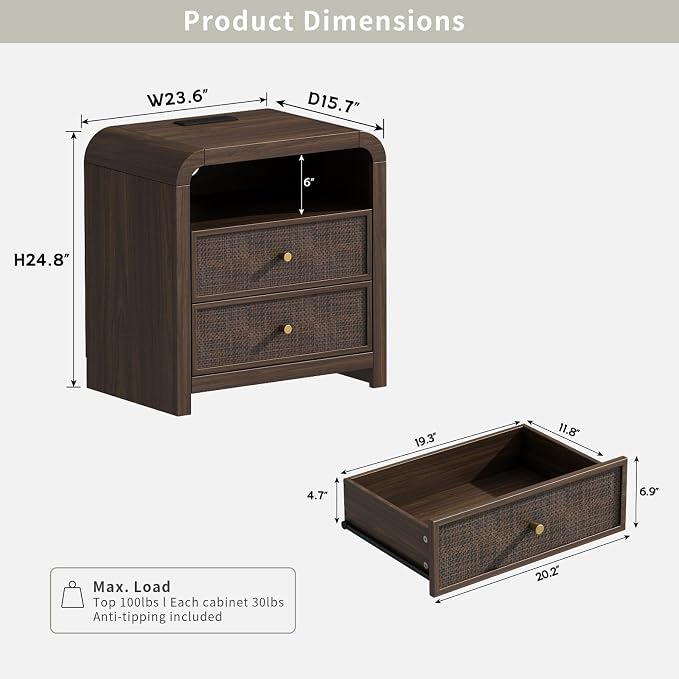 Oak&Sparrow Rattan Nightstand Set of 2, 23.6'' Rattan End Table - Image 2