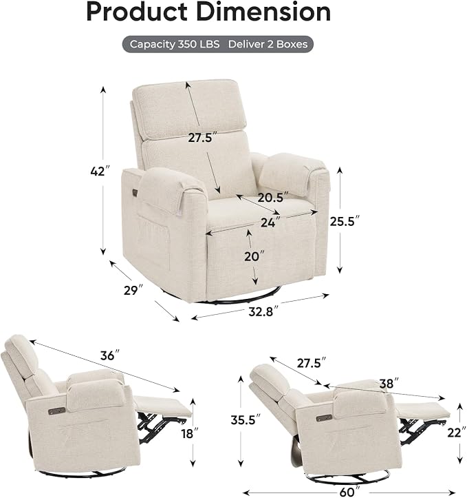 24" Extra Wide Swivel Rocker Recliner Chair - Image 2