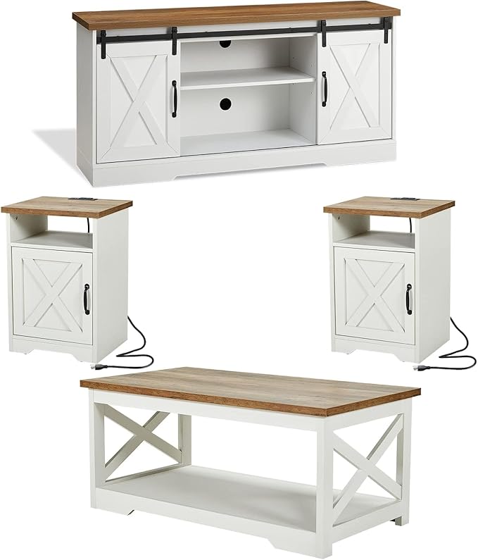 AMERLIFE 4-Piece Farmhouse Table Set Includes Sliding Barn Door TV Stand by AMERLIFE