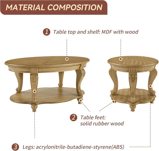 LKTART 3-Piece Coffee Table Set, Coffee Table and Round End Tables Set of 2 - Image 7